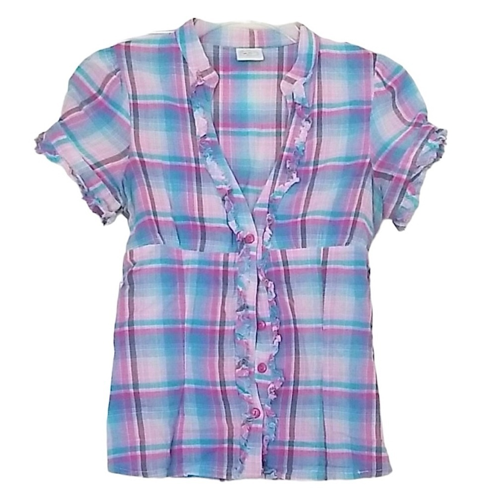 Be Cool Plaid Pink Blue Purple Fitted Ruffle Blouse Shirt Top Women’s Size Small